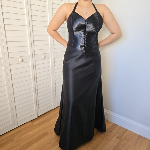 Tadashi Shoji Black Ribbon Gown Maxi Dress Women's L Prom Formal Whimsigoth Glam - Picture 1 of 15